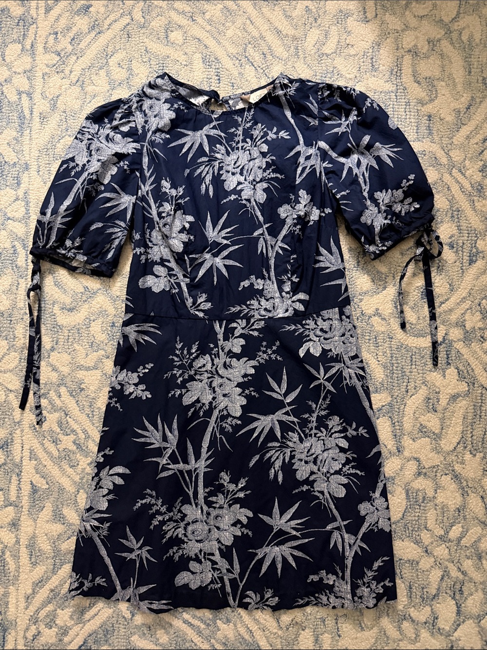 LOFT Navy Floral Midi Dress with Tie Sleeves
